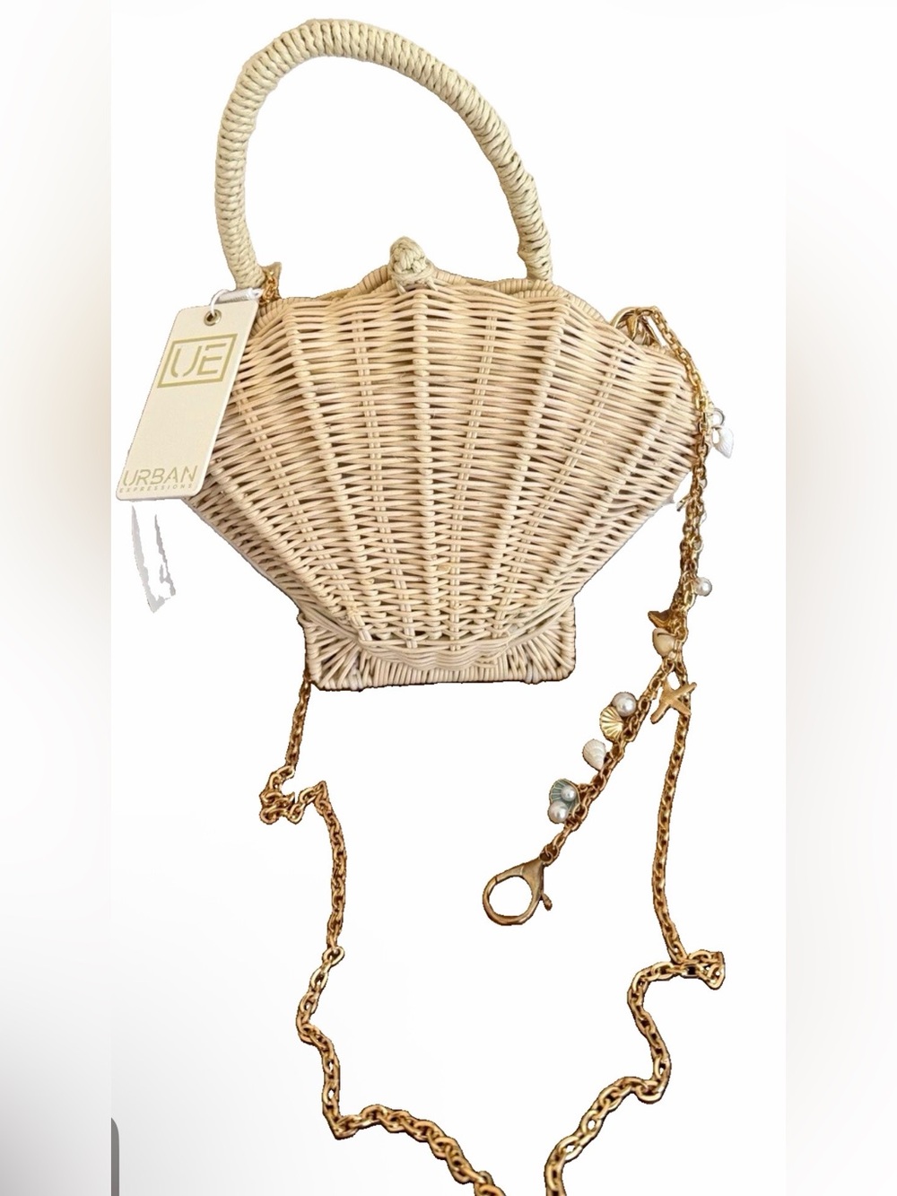 Urban Expressions Cream Wicker Shell Crossbody with Gold Chain